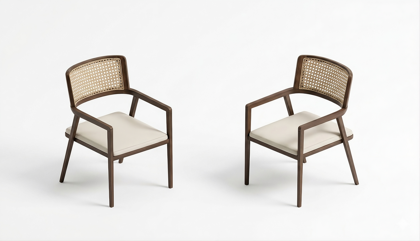 Modern Wooden Cane Back Armchair – Upholstered Seat Dining Chair