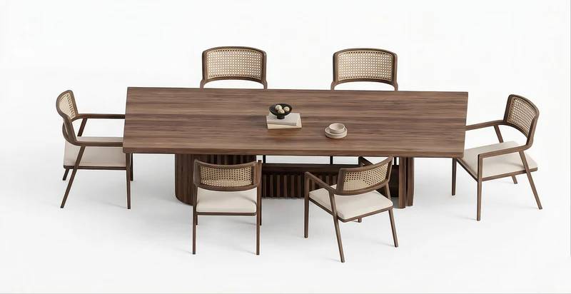 Modern Wooden Dining Table Set with Cane Back Chairs – 6 Seater