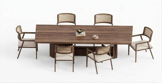 Modern Wooden Dining Table Set with Cane Back Chairs – 6 Seater
