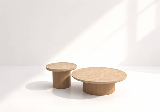 Eos Natural Travertine Coffee Table Set - Modern Round Stone Nesting Tables