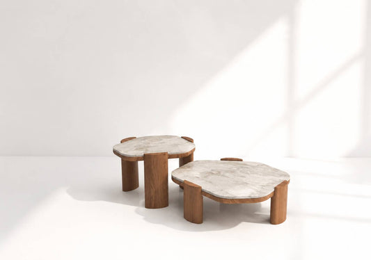 Lyra Organic Marble Coffee Table Set - Modern Walnut Nesting Center Tables