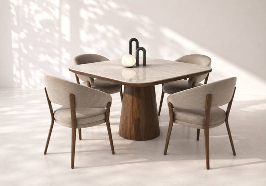 Vesta Modern Square Dining Table - Marble Top with Walnut Pedestal Base