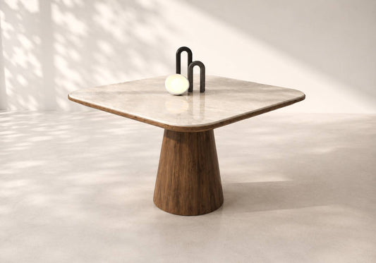 Vesta Modern Square Dining Table - Marble Top with Walnut Pedestal Base